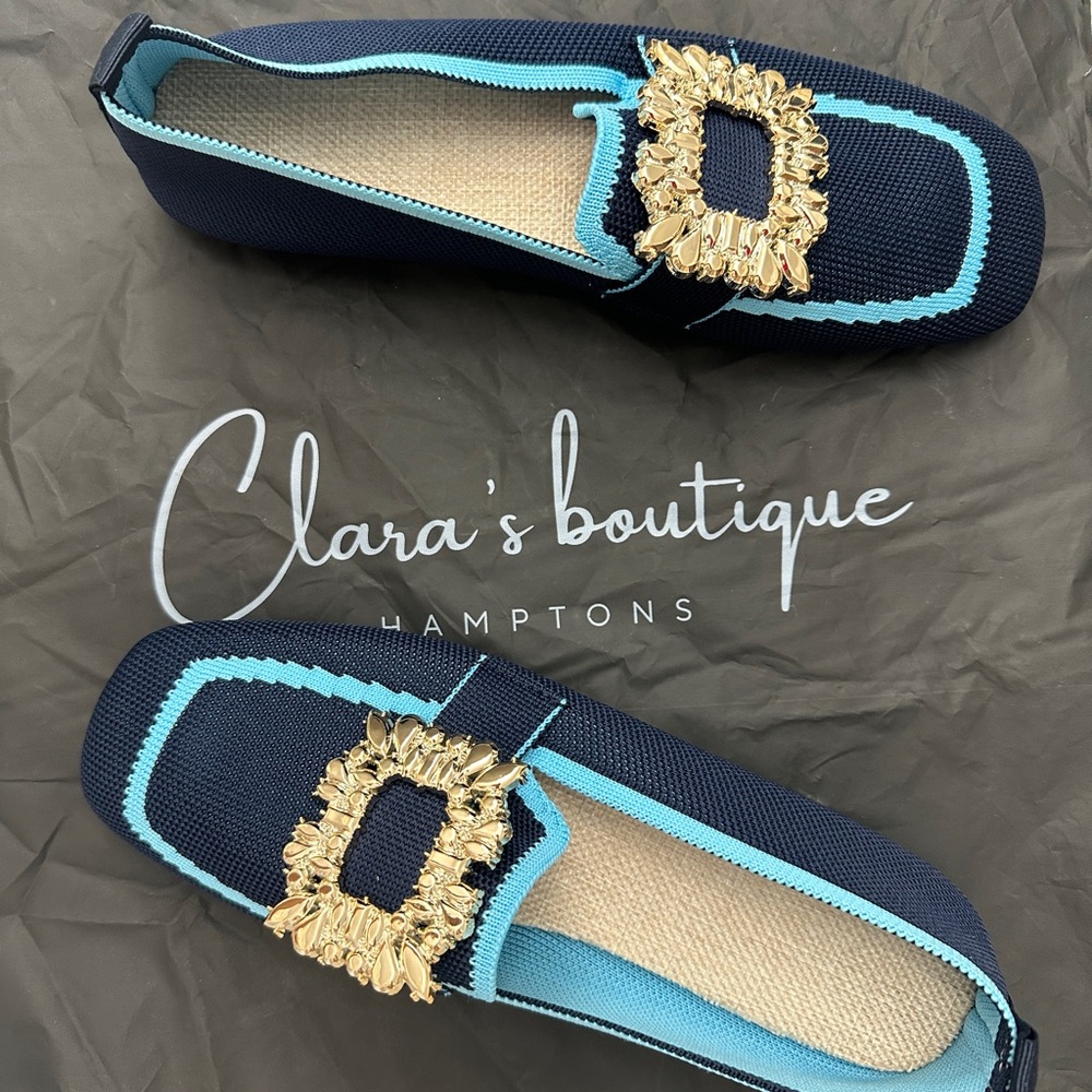 Chic Navy and Gold Loafers with Crystal Detail - Picture 6 of 6